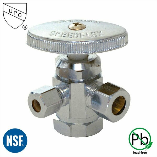 Thrifco Plumbing 1/2 Inch FIP x 1/2 Inch Slip Joint x 1/4 Inch Comp Multi Turn Brass Angle Stop 4405594